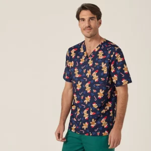 NNT Festive Gingerbread Surfer Print Scrub Top