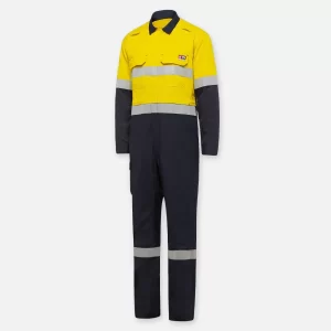 KingGee Men's Shieldtec Hi Vis 2 Tone Coverall with Flame Resistant Tape - Yellow/Navy