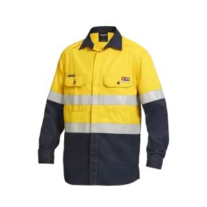 KingGee Men's Shieldtec Lenzing Flame Resistant Hi-Vis Spliced Ls Shirt Taped - Orange/Navy
