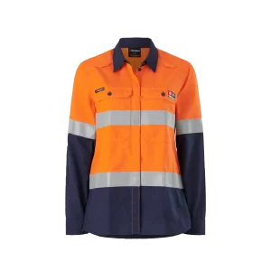 KingGee Women's Shieldtec Lenzing Flame Resistant Hi-Vis Spliced Long Sleeve Shirt Taped - Yellow/Navy