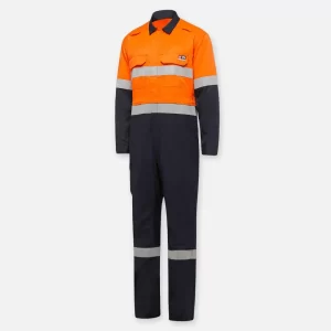 KingGee Men's Shieldtec Hi Vis 2 Tone Coverall with Flame Resistant Tape - Orange/Navy