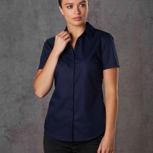 Benchmark Ladies' Dobby Striped Taped S/S Shirt