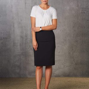 Benchmark Women's Mid Length Lined Pencil Skirt in Poly/Viscose Stretch Stripe